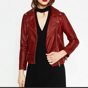 Zara red sheep leather moto jacket